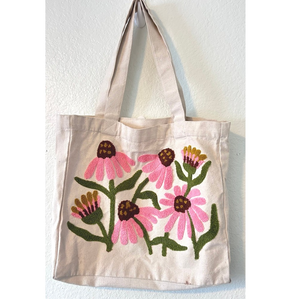 Floral Chenille Embroidered Canvas Tote Bag Cream Pink Coneflower Market Shopper